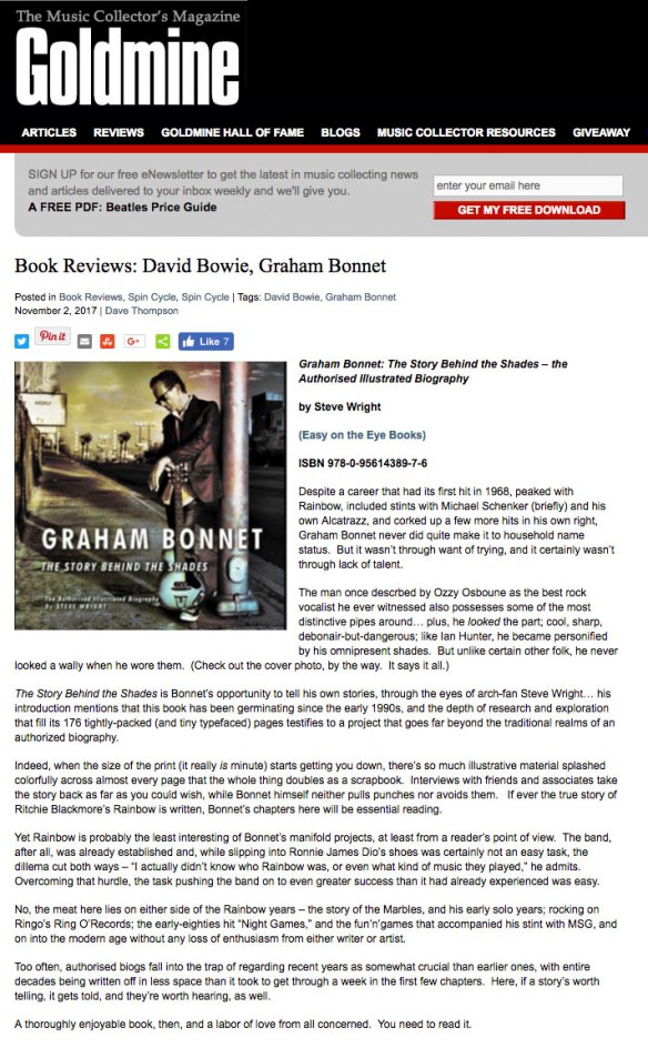 Graham Bonnet, The Story Behind The Shades. review from Goldmine magazine, Nov 2017, Dave Thompson